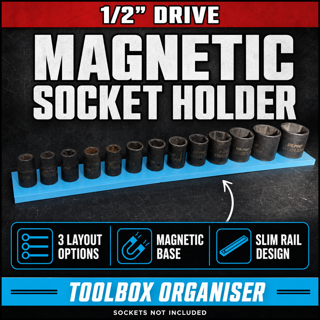 1/2 Magnetic Socket Holders | Drawer Organiser | Toolbox Organiser 1 1/2 Magnetic Socket Holders | Drawer Organiser | Toolbox Organiser