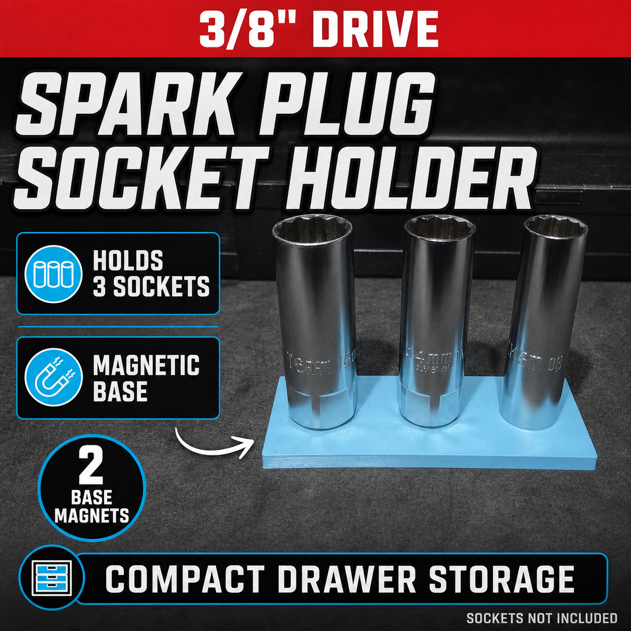3/8" Spark Plug Socket Holder (Holds 3) | Drawer Organiser 1 3/8" Spark Plug Socket Holder (Holds 3) | Drawer Organiser