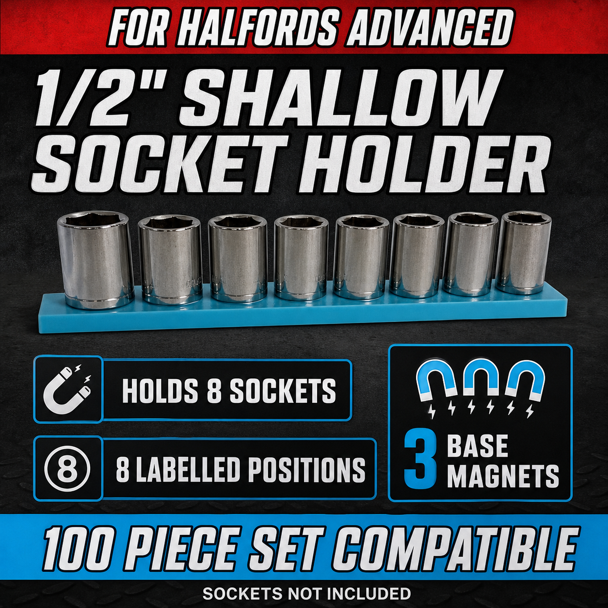 1/2 Halfords Advanced Magnetic Shallow Socket Holder | Holds 8 1 1/2 Halfords Advanced Magnetic Shallow Socket Holder | Holds 8