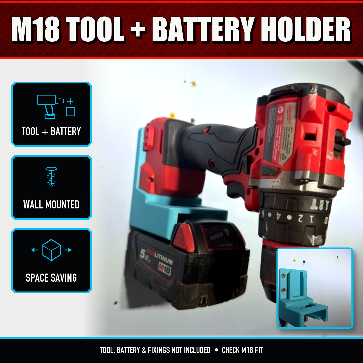 Milwaukee M18 Tool Body & Battery Holder | Wall Organiser 1 Milwaukee M18 Tool Body & Battery Holder | Wall Organiser