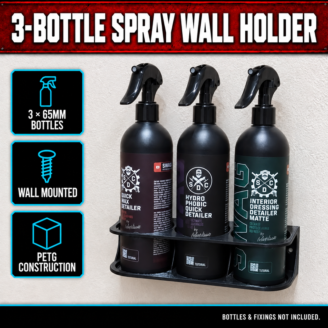 3-Bottle Car Detailing Spray Holder – 65mm Wall Mount 1 3-Bottle Car Detailing Spray Holder – 65mm Wall Mount