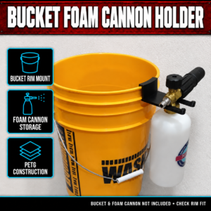 Black 3D-printed Work Stuff bucket foam cannon holder mounted on an orange bucket