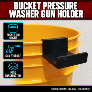 Black 3D-printed Work Stuff bucket pressure washer gun holder mounted on an orange bucket