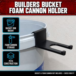 Black 3D-printed foam cannon bucket holder on a builders bucket