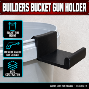 Black 3D-printed pressure washer gun holder mounted on a builders bucket