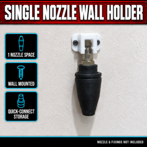 White 3D-printed single pressure washer nozzle wall holder holding one nozzle