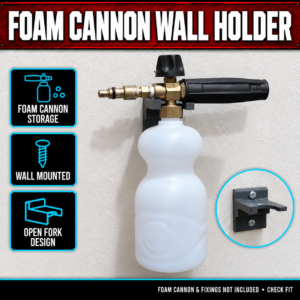 Black 3D-printed pressure washer foam cannon wall holder with open fork design