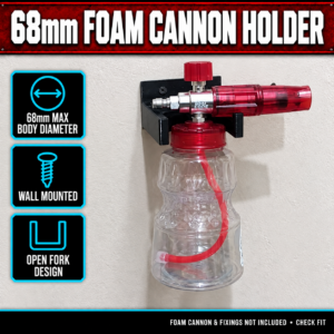 Black 3D-printed 68mm foam cannon wall holder with open fork design