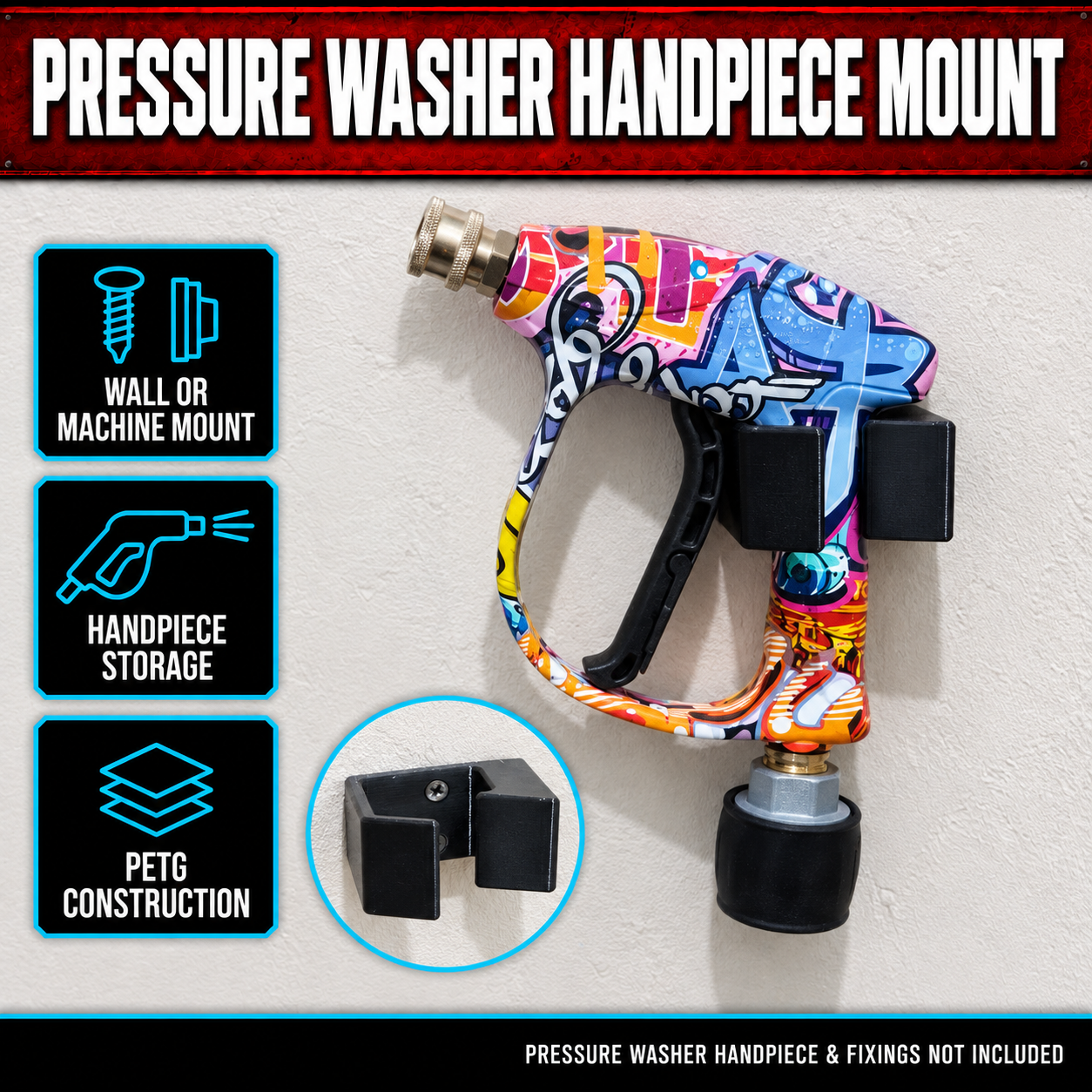 Pressure Washer Gun Wall or Machine Mount 1 Black 3D-printed pressure washer gun wall or machine mount holding a handpiece