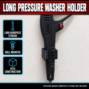 Our Products 36 Black 3D-printed long pressure washer gun wall holder holding a pressure washer handpiece