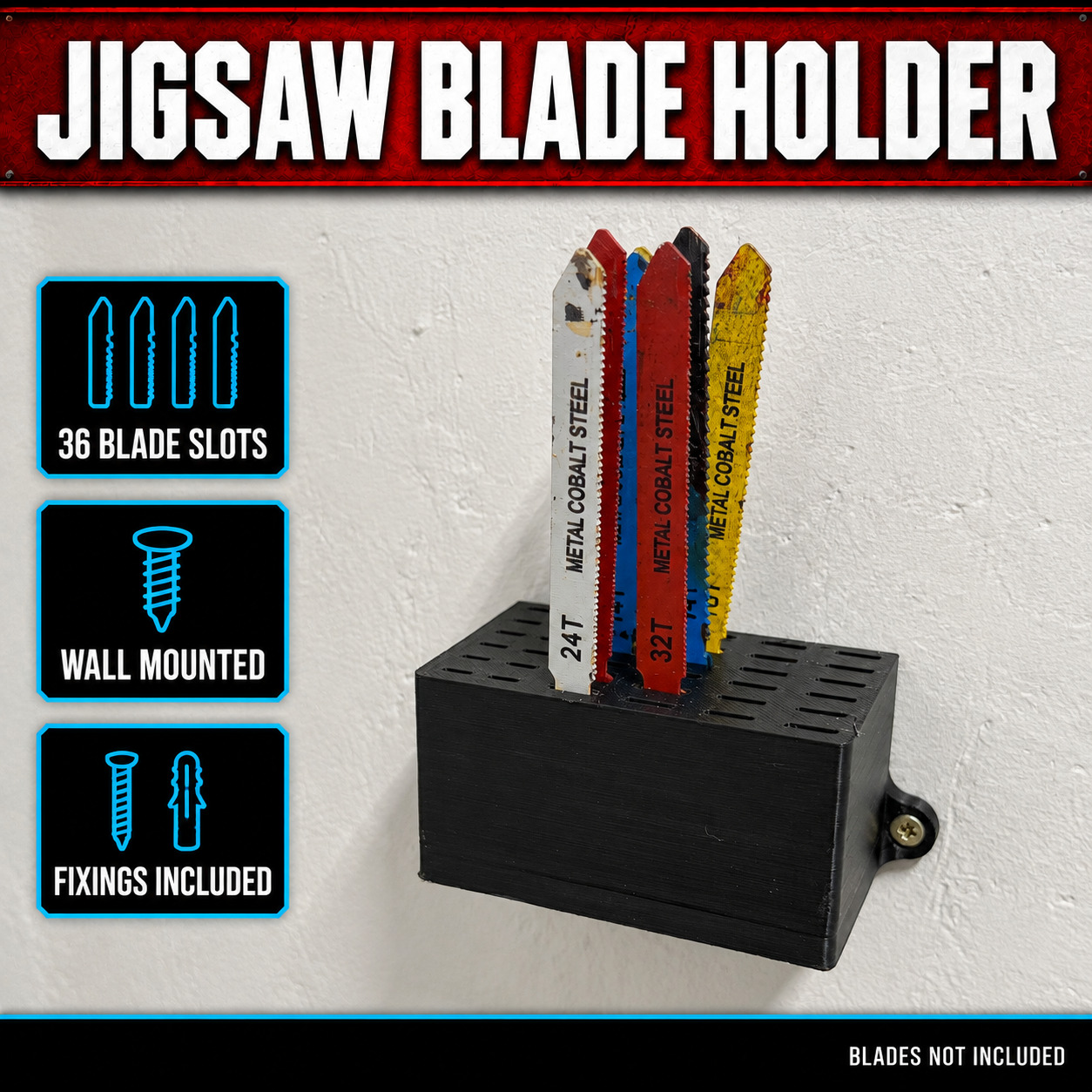 Jigsaw Blade Wall Holder – 36 Slots 1 Jigsaw Blade Wall Holder – 36 Slots – product features and example use