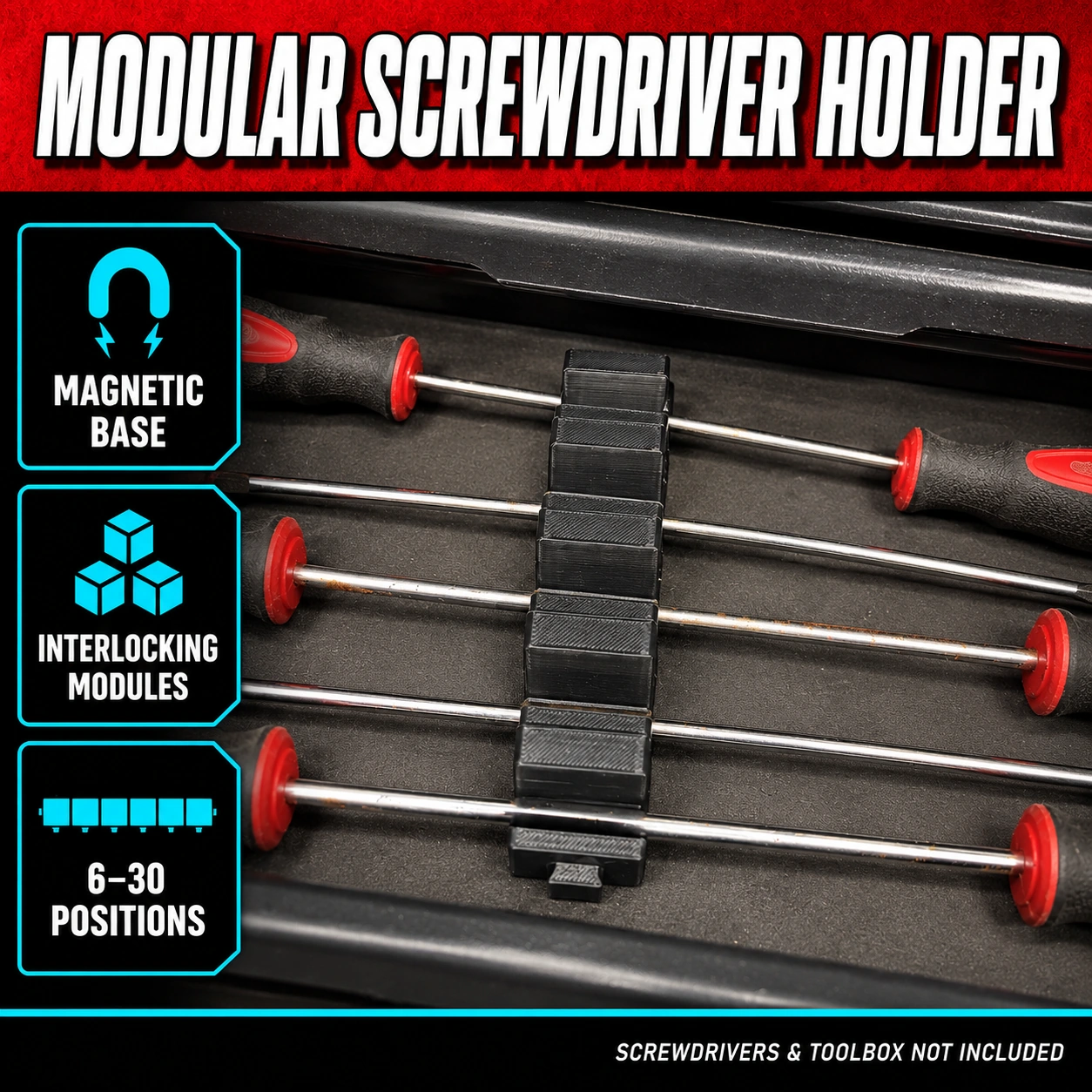 Black modular magnetic screwdriver organiser holding screwdrivers in a toolbox drawer