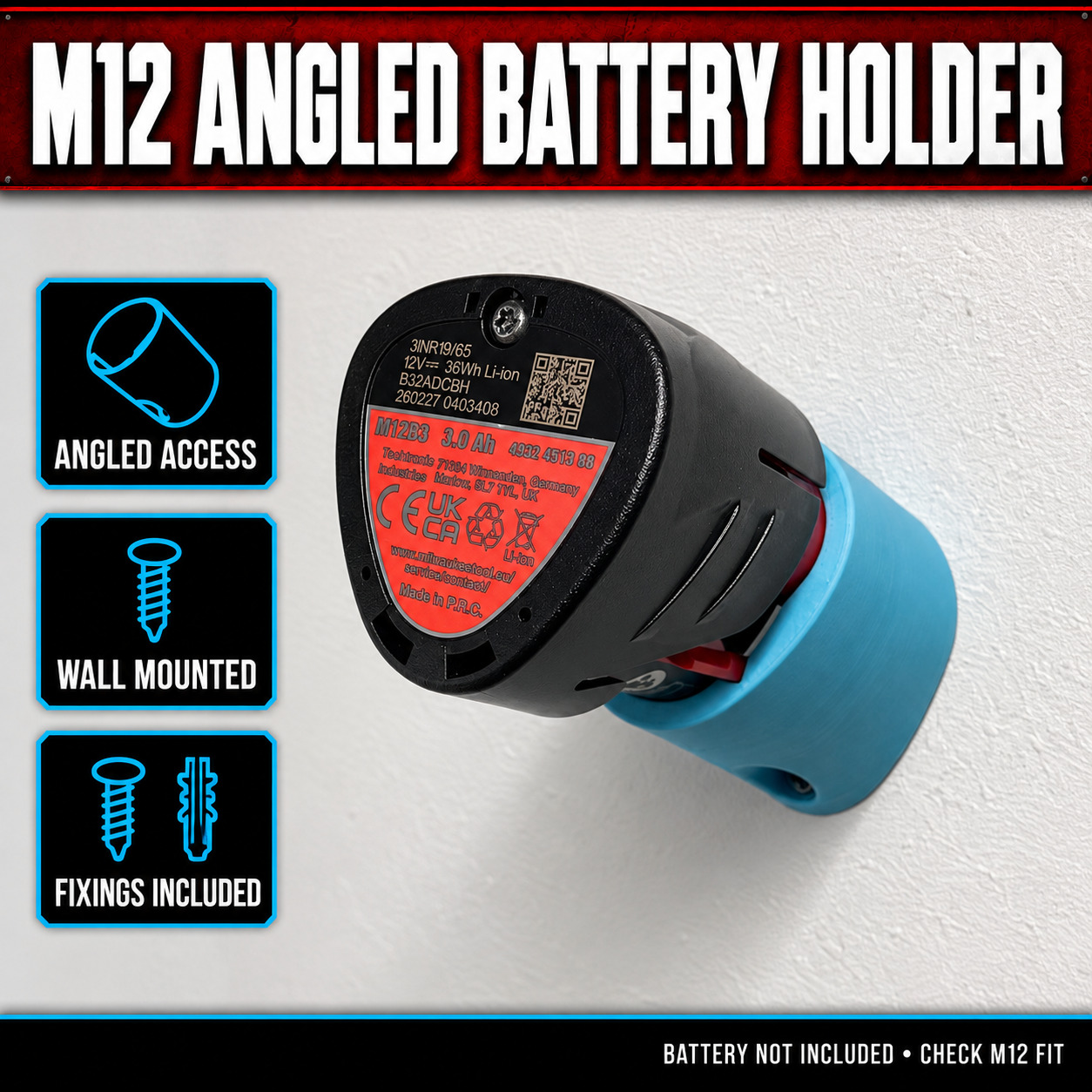Milwaukee M12 Angled Battery Wall Holder 1 Milwaukee M12 Angled Battery Wall Holder – product features and example use