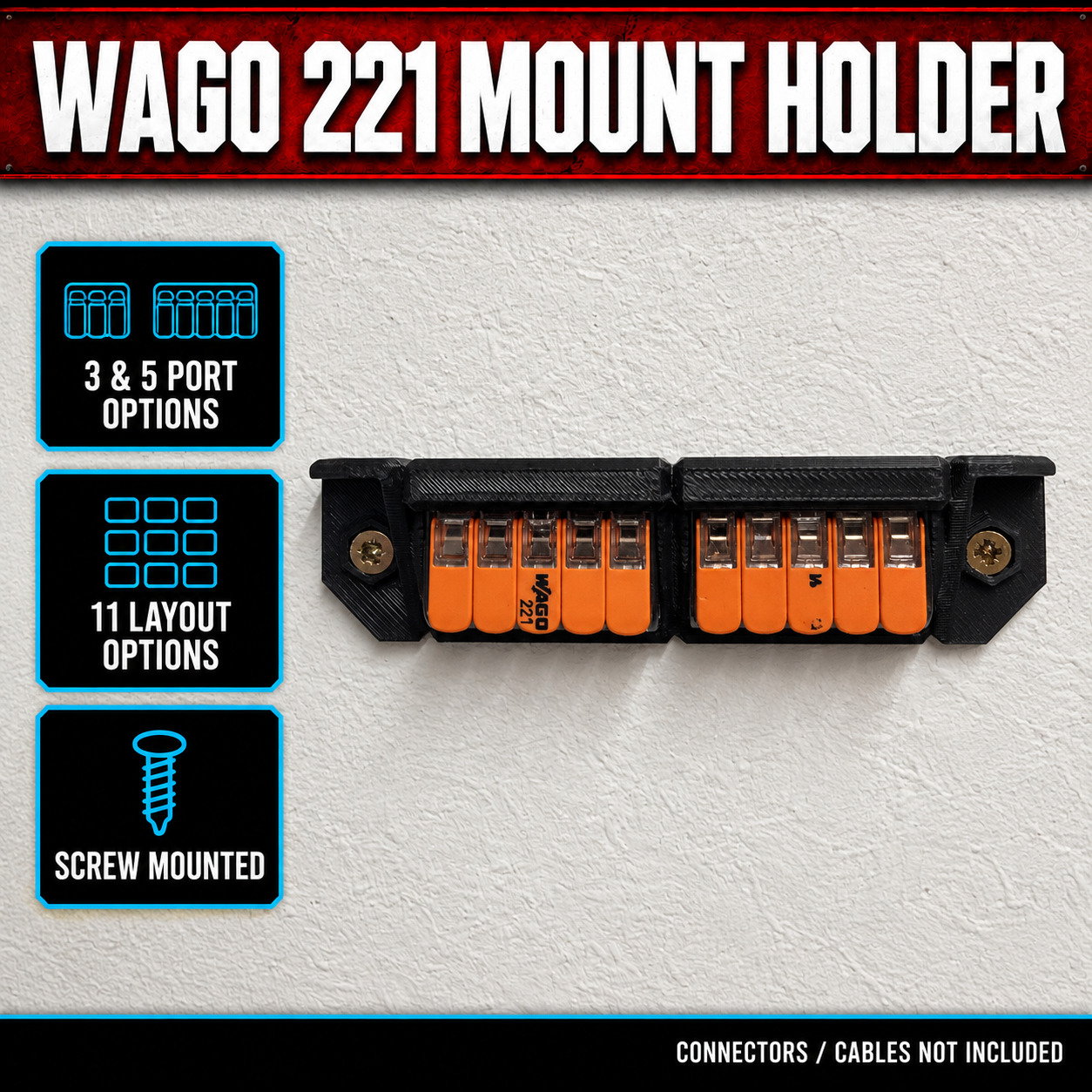 Wago 221 Connector Screw-Mount Holder 1 Wago 221 Connector Screw-Mount Holder – product features and example use