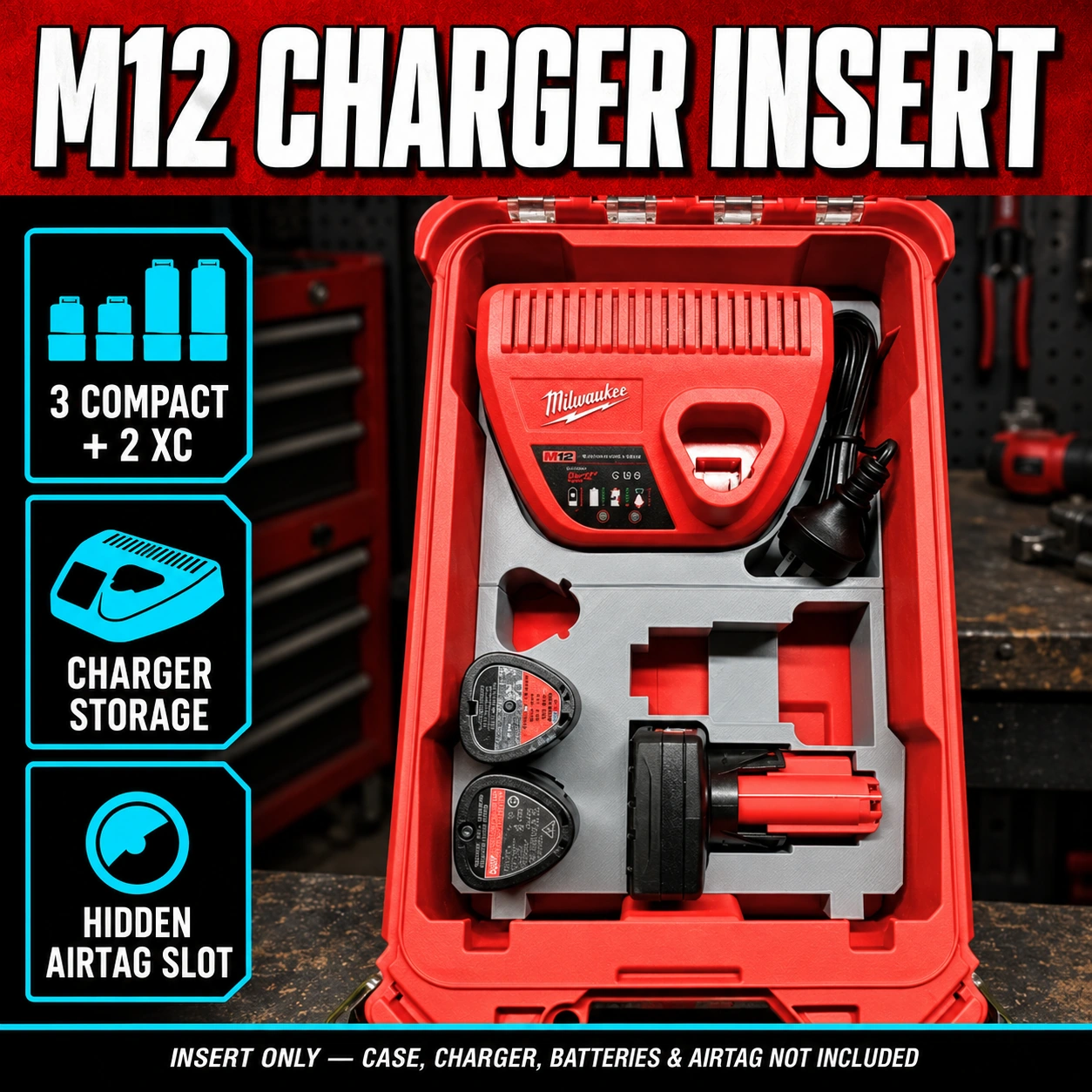 Milwaukee Packout M12 Battery & Charger Organizer with Secret AirTag Holder 1 Milwaukee Packout M12 Battery & Charger Organizer with Secret AirTag Holder